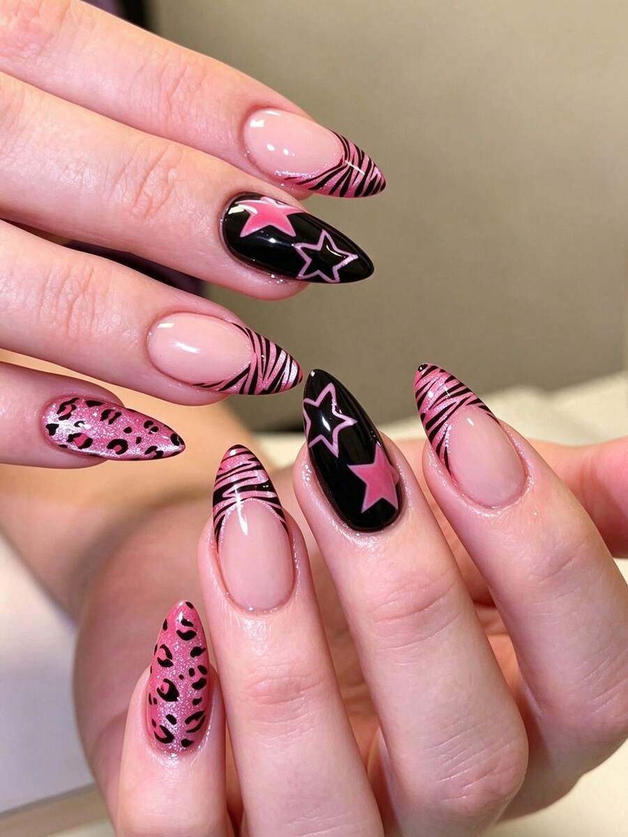 30pcs Autumn/Winter Y2K-Style Press-On Nails Featuring A Pink And Black ...