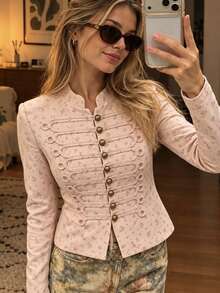 GMFP Women's Spring/Autumn Pink Soft Ditsy Floral Stand Collar Frog Button Slim Fit Cropped Jacket, Suitable For Back To School, Halloween, Christmas Party And Daily Wear - Pink - View 5
