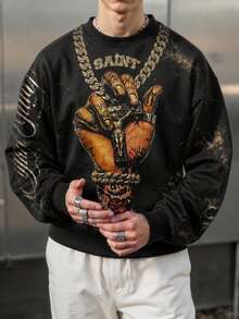 Krometka Men's American Street Style Distressed Vintage Crew Neck Sweatshirt, Tattoo Hand Cross Gold Chain SAINT Letter Print Loose Fit Pullover - Brown - View 4