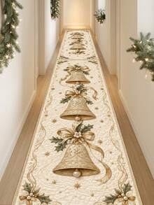 1PC Beige Gold Bell Pattern Runner Rug, European Vintage Luxury Cozy Elegant Faux Cashmere Rectangular Machine Washable Long Strip Carpet, Suitable For Christmas/Kitchen Hallway Corridor Bedside Mat/Winter Holiday Decoration, Christmas Home Decor - Multicolor - View 5