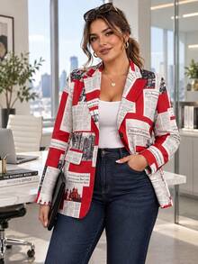 HOMEYEE Plus Size Newspaper Print Blazer, Lapel Long Sleeve Woven Fabric Jacket With Pockets, Fashion Regular Fit Outerwear - Red - View 1