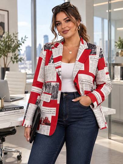 HOMEYEE Plus Size Newspaper Print Blazer, Lapel Long Sleeve Woven Fabric Jacket With Pockets, Fashion Regular Fit Outerwear