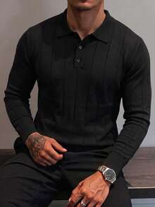 Men's Autumn/Winter Fashion Classic Ribbed Shoulder POLO Collar Long Sleeve Sweater - Black - View 1