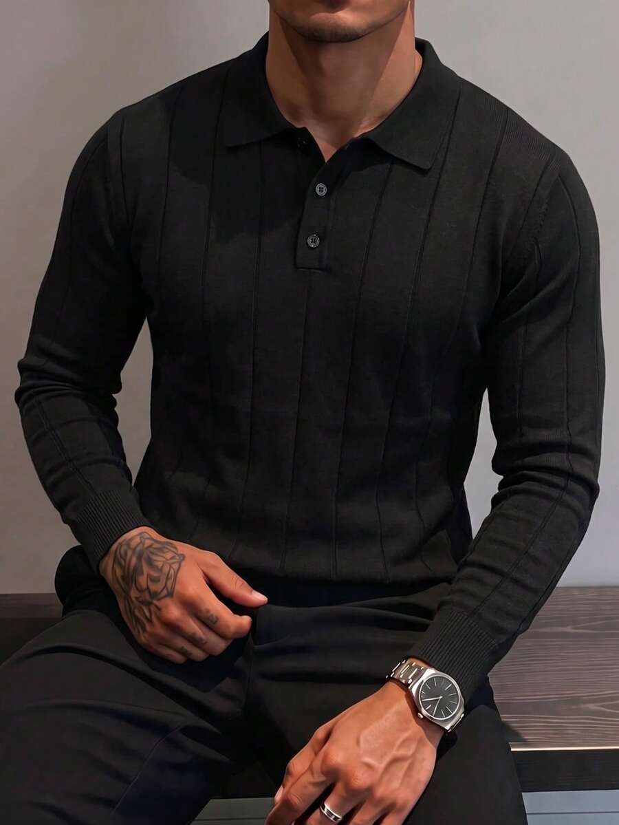 Men's Autumn/Winter Fashion Classic Ribbed Shoulder POLO Collar Long Sleeve Sweater - Black - View 1