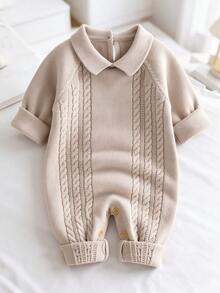 1pc Baby Knit Sweater Romper, Doll Collar Cable Knit Long Sleeve Bodysuit, Open Crotch Design, Daily Wear For Unisex Infants - Camel - View 2