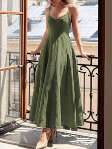 QUNGIGU Women's Elegant Spaghetti Strap Mid-Length Dress, V-Neck Linen Texture Backless High Waist Summer Beach Wedding Guest Dress - Army Green - View 1