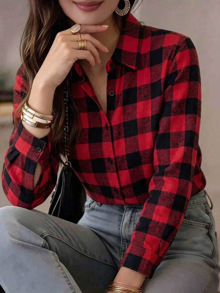 女款紅黑格紋領長袖前扣襯衫休閒居家辦公工作日常復古上衣春夏秋冬 - 紅黑色 - 查看 1