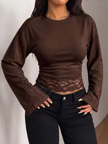 Plus Size Lace Hem Long Sleeve Round Neck Top, Solid Brown Fitted Short T-Shirt, Casual Street Style For Daily Outings And Coffee Dates - Brown - View 3