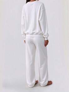 Women's White Fruit Embroidery Sweatshirt & Sweatpants Set, Crew Neck Loose Long Sleeve Drawstring Cuffed Pants 2 Pieces Set, Casual Home & Light Sports Outfit - White - View 5