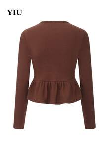 YIU LUMOS Women's Coffee Brown Waffle Knit Top, Round Button Long Sleeve Cinched Waist Ruffle Hem Slim Fit, Vintage Commuter Style Blouse - Coffee Brown - View 11