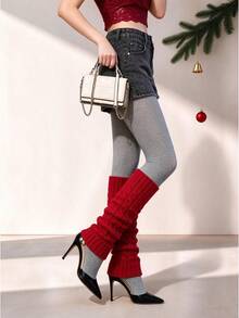 Christmas Thermal Lined 2pcs Set Light Gray Solid Color Thermal Lined Tights + Red Cable Knit Leg Warmers Autumn/Winter Warm Knit Leggings Set - Multicolor - View 3
