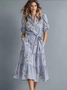 Women's Striped Print Tie-Up Button Midi Dress With Collar And Short Puff Sleeves Elegant Summer - Multicolor - View 2