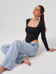 Women's Square Neck Long Sleeve Bodysuit, Slim Fit Tummy Control Elegant Holiday Party Base Layer, Winter Layering Tops - Black - View 4