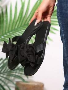 Women's Flat Slip-On Sandals, Round Toe Fashion Brown Casual Bow Low Heel Slides - Gold - View 3