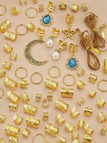 118pcs Gold Star & Moon Hair Accessories Set, Vintage Blue Rhinestone & Pearl Hair Rings, Dreadlock Hair Clips, European & American Hip Hop Braided Hair Ornaments - Multicolor - View 3
