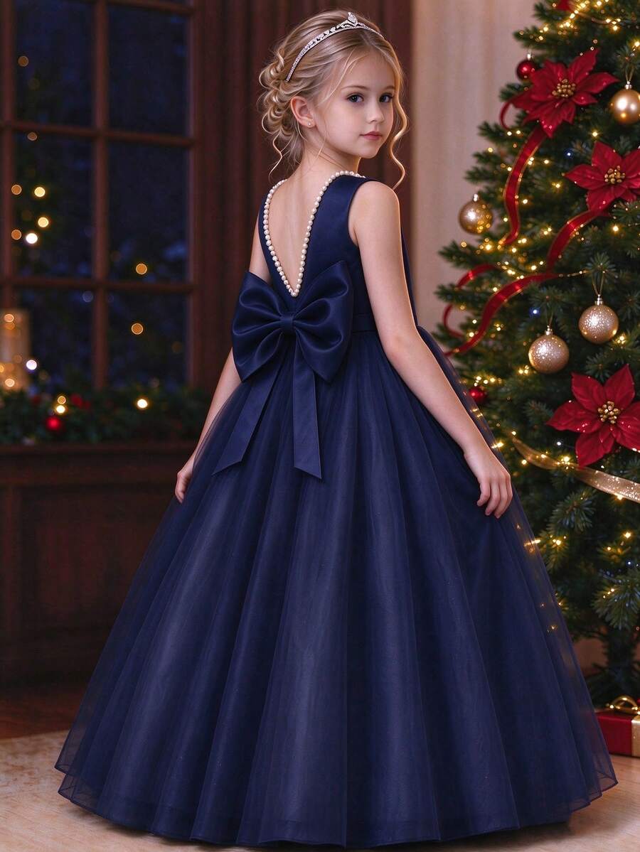 Elegant Tween Girls Flower Girl Bow Pearl Backless Princess Dress Evening Gown Party Wedding Birthday