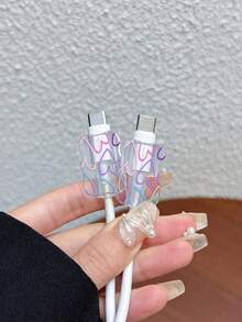 3pcs Set Wavy Pattern Charger Cable Protector UV Painted Colorful Hollow Heart Design Compatible With UK Standard Apple Fast Charger 20W UK Standard Charger Prevent Cable Damage - Multicolor - View 2
