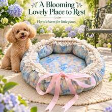 1pc Single Nest Design, Soft & Comfortable, Fabric Material, Blue Floral Pattern Cat Bed, Pastoral Style, Sweet Style, Blue Floral, Round Nest Body, Cream Lace Trim, Pink Bow, Long Ribbon Decoration, Wrapped Edge, Soft Cushion Design, Daily Rest, Home Sleep, Pet Cat Bed, Suitable For Spring, Suitable For Summer, Suitable For Autumn, Suitable For Winter, Four Seasons Home, Living Room Placement, Bedroom Corner, Window Side Nap - Multicolor - View 6