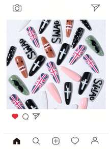 30pcs Long Almond Shaped Press-On Nails, Featuring Cute DoMo, Mustache, Flag, Polka Dot, Pattern Designs, Set Includes: 1pc Jelly Glue And 1pc Nail File. Niche Nails. - Multicolor - View 3