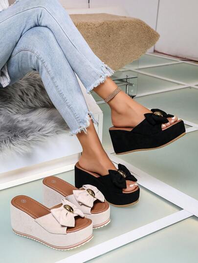 2026 Women's Sandals, Sexy Leopard Print Bow Thick Platform Wedge Fashion Sandals, Women's Fashion High Heel Round Toe Slip-On Height-Increasing Comfortable Sandals, Spring/Summer Home Daily Versatile Party Gathering Focus Essential, Pair With Skirts