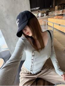 Women's Gray Knit Long Sleeve Crew Neck Top Asymmetric Button Design Slimming Fitted T-Shirt Base Layer Autumn - Light Grey - View 8