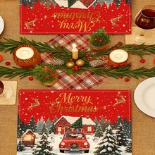 2 Pcs Merry Christmas Santa Red Car Placemats Snowy House Reindeer Snowman Print Heat Resistant Table Mats Farmhouse Xmas Dining Table Decor - Red - View 10