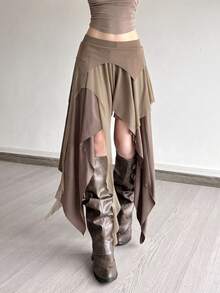 Top Dazzle Sexy Split Asymmetric High Waist Fitted Skirt - Khaki - View 2