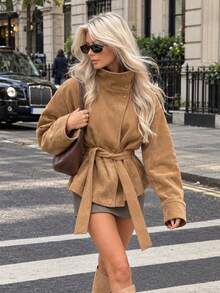 Women's Autumn/Winter Long Sleeve Stand Collar Belted Suede Texture Jacket - Khaki - View 1