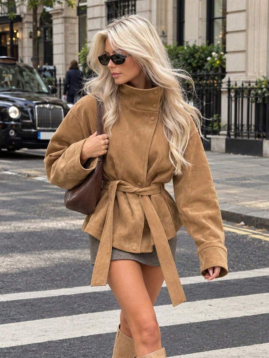 Women's Autumn/Winter Long Sleeve Stand Collar Belted Suede Texture Jacket - Khaki - View 1