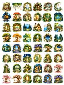 50Pcs Fairy Cottage PET Stickers, Enchanted Forest Mushroom House Floral Gate Decals, Aesthetic Stickers For Scrapbook Album Handmade Craft Card Making Art Projects - Multicolor - View 7