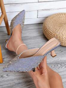 Women's Grey Ruched Texture Pointed Toe Kitten Heel Sandals, Slip On, Elegant New Summer Design Style - Grey - View 2