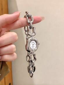 1pc Women's Silver Alloy Asymmetric Bracelet Watch, Fashionable Rhinestone Dial, Suitable For Daily Wear And Decoration - Silver - View 1