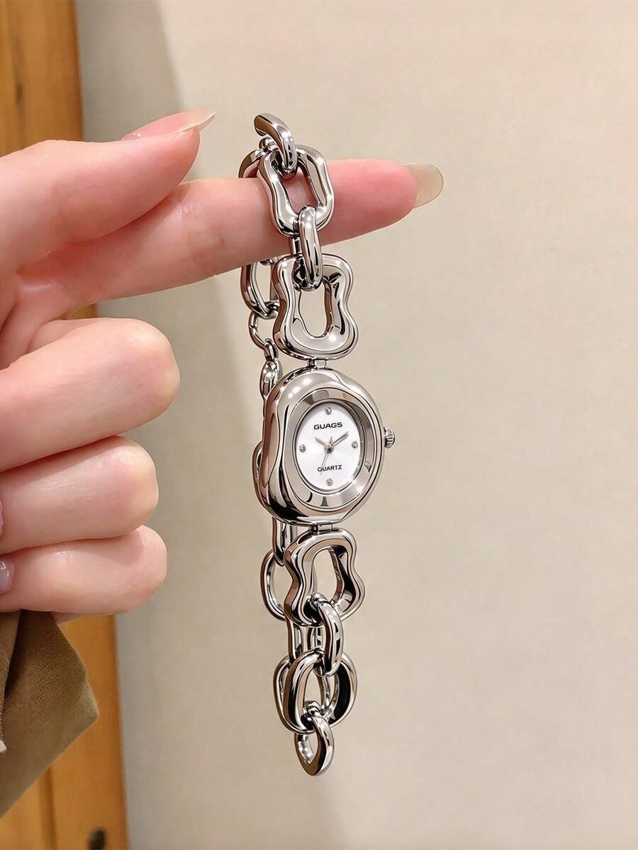 1pc Women's Silver Alloy Asymmetric Bracelet Watch, Fashionable Rhinestone Dial, Suitable For Daily Wear And Decoration - Silver - View 1