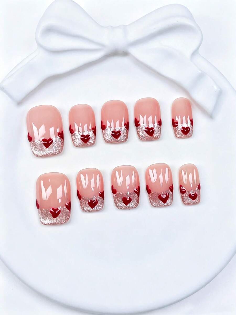 10pcs Short Square Handmade Press On Nails, Cute Y2K Pink Cat Eye Heart French Tip Nails, With Red Accent Nails, Fall Nails, French Nails, Y2K Nails, Pink Nails, Red Nails, Short Nails, Reusable Acrylic Nails For Vacation & Daily Wear - Pink - View 1