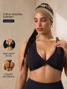 Plus Size Women's Black Deep V-Neck Front Knot Spaghetti Strap Racerback Sports Bra, Suitable For Yoga, Hiking, Daily Wear - Black - View 1