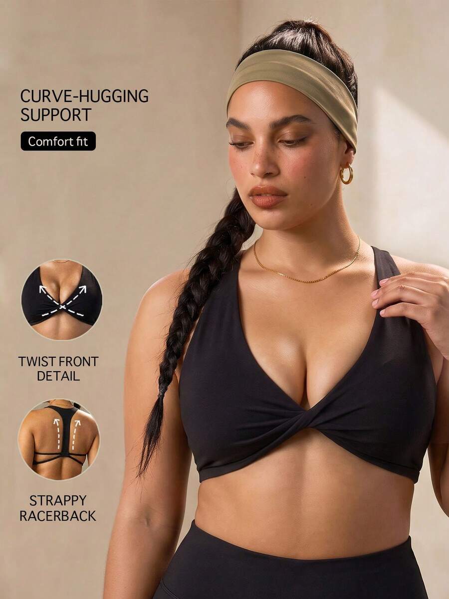 Plus Size Women's Black Deep V-Neck Front Knot Spaghetti Strap Racerback Sports Bra, Suitable For Yoga, Hiking, Daily Wear - Black - View 1