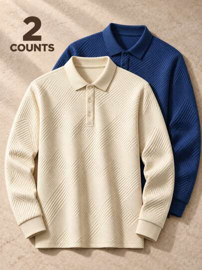 Men Solid Beige Geometric Jacquard Long Sleeve Polo Shirt, Textured Fabric Lapel Button , Old Money Style Casual Daily Golf Wear