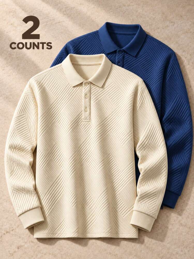 Men Solid Beige Geometric Jacquard Long Sleeve Polo Shirt, Textured Fabric Lapel Button , Old Money Style Casual Daily Golf Wear - Khaki - View 1