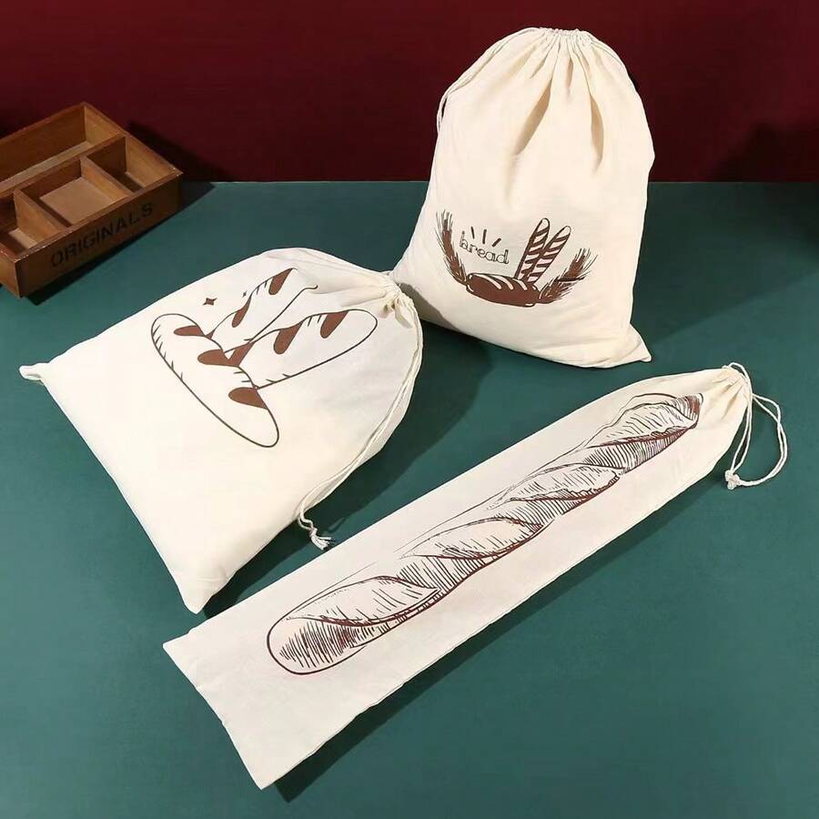 1pc Printed Pattern Drawstring Closure Reusable Bread Storage Bag, French Baguette Packaging Pouch, Picnic Bread Bag - Beige - View 1
