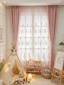 1PC Rod Pocket Pink Base Vertical Floral Embroidered Sheer Curtain, Translucent Non-See-Through Window Sheer, Sweet Girl Children's Bedroom Bay Window Finished Sheer Curtain - Multicolor - View 5