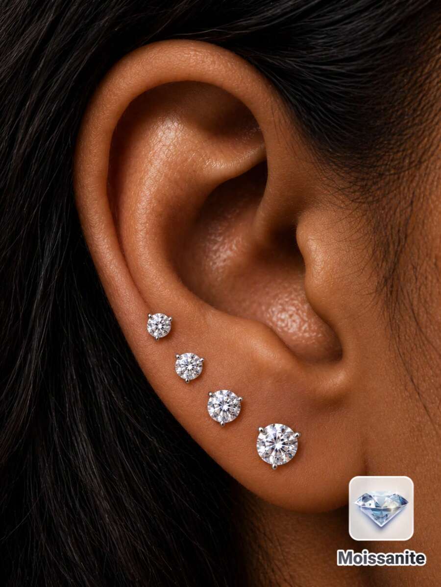 AnlaScheer 1件 0.03-0.5ct 莫桑石 925純銀光環平背軟骨耳釘耳環，女款訂婚婚禮新娘珠寶