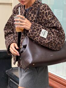 Fashion Women's Leopard Print Woven Baseball Jacket, Long Sleeve Flight Jacket With Pockets And Zipper, Autumn/Winter Outfit Essential - Brown - View 3