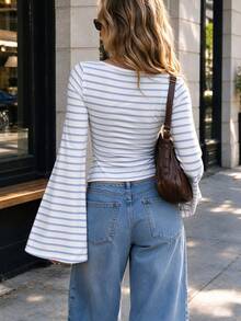 Plus Size Striped Contrast Knit Flare Long Sleeve T-Shirt For Women, Elegant Going Out Top,Casual Everyday Wear,Vacation,Fall - Baby Blue - View 5