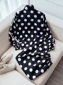 Women's Fashion Polka Dot Print Casual 2 Pieces Set - Black - View 2