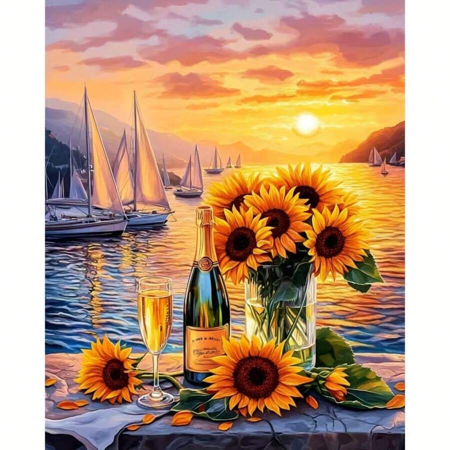 1PC DIY 5D Diamond Painting Kit Beach Sunflower Pattern - Round Full Diamond Art Mosaic Craft, Home Wall Decor, Unframed - No Frame - View 1