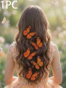5pcs Women's Fashion Elegant Fairy Orange Artificial Butterfly Hair Clips, Suitable For Daily Spring/Summer Pastoral Style Vacation Decoration - Multicolor - View 5