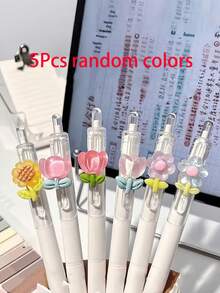 5pcs/2pcs/1pc Transparent Barrel Gradient Glitter Small Flower Tulip Retractable Neutral Pen, Cream White Segmented Pen Body With Transparent Pen Clip, 3D Soft Rubber Flower Accessory Attached To Pen Clip, Includes Glitter Tulip And Transparent Small Flower Designs, Macaron Light Pink And Transparent White Fresh Color Scheme, Retractable Design Without Cap, Lightweight And Smooth Pen Body, Black Ink For Fluid Writing And Fast Drying Without Smudging - A - View 7