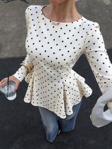 Vuslat Women's Winter Fashion Polka Dot Round Neck Cinched Waist Ruffle Hem Long Sleeve Top, Suitable For Commute, Date, Birthday, Party - Black and White - View 1