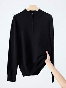 Men's Slim Fit Half Zip Ribbed Knit Sweater , Autumn/Winter, Long Sleeve Top - Black - View 5