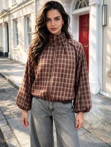 2026 Autumn/Winter New Women's Plaid Zipper Jacket, Jacket Coat, Fashionable Commuter Versatile Style - Rust Brown - View 1